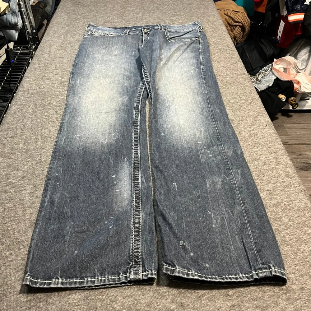 True Religion Section Straight Jeans 36x33 Blue Distressed Paint Splatter Men